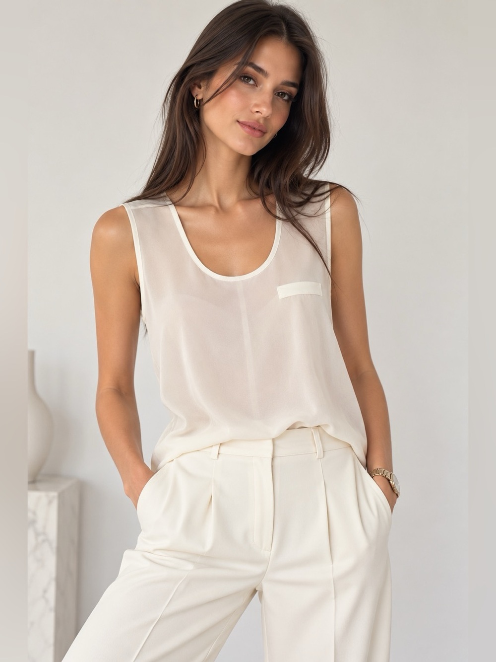 NetWork 100% Silk Ivory Sheer Sleeveless Blouse Top Size XS